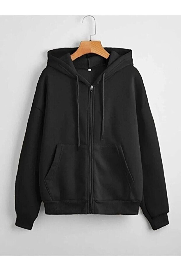 Black Hooded Oversize Unisex Cardigan with Pockets