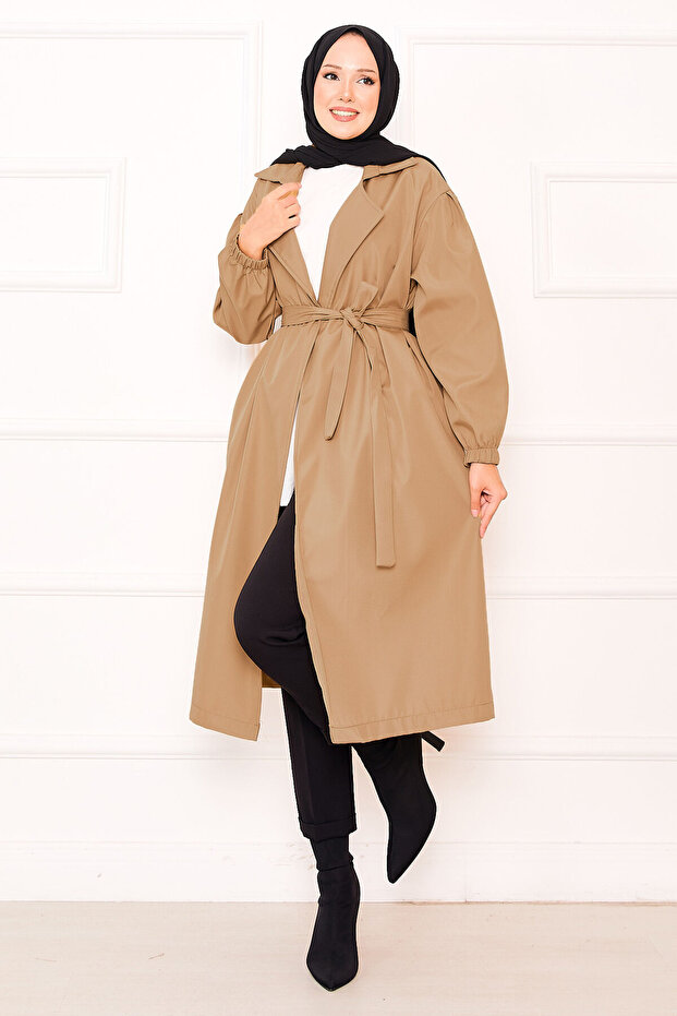 Elasticized Sleeve End Mobile Belted Hijab Trench Camel