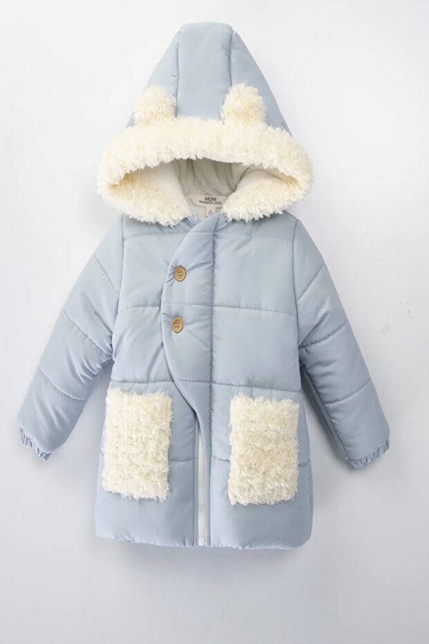 New Season Plush Pocket Detailed Zippered Fur Lined Hooded Winter Baby/Child Coat