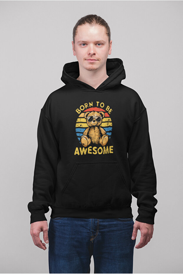 Awesome Bear Printed Cotton Long Sleeve Ribbed 3-Ply Hooded Sweatshirt