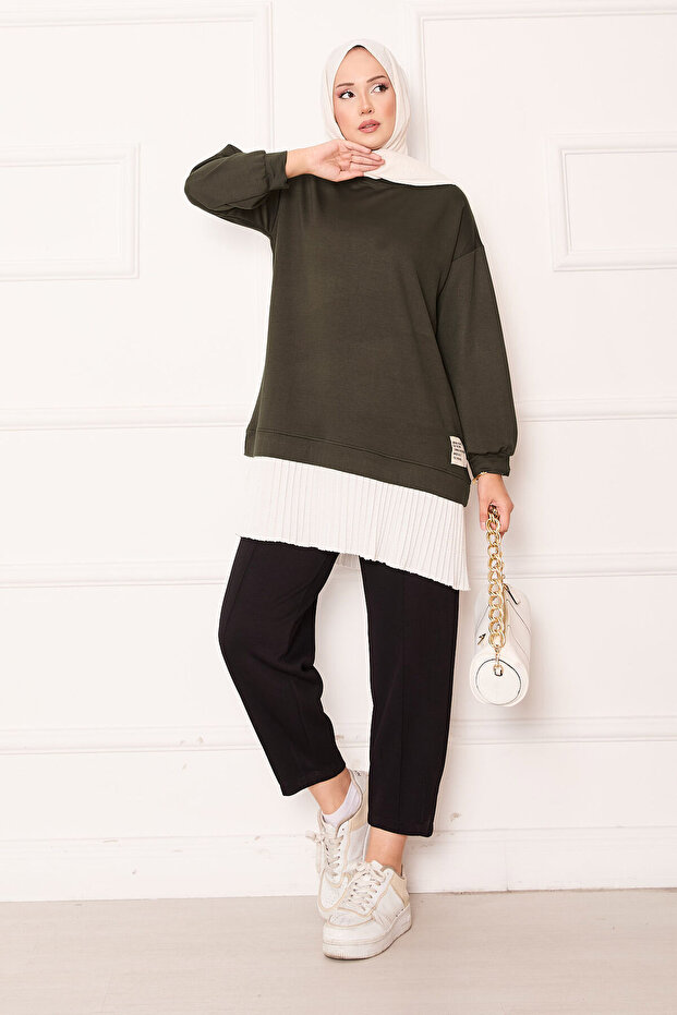Loose Tunic with Pleated Skirt and Garnish in Khaki