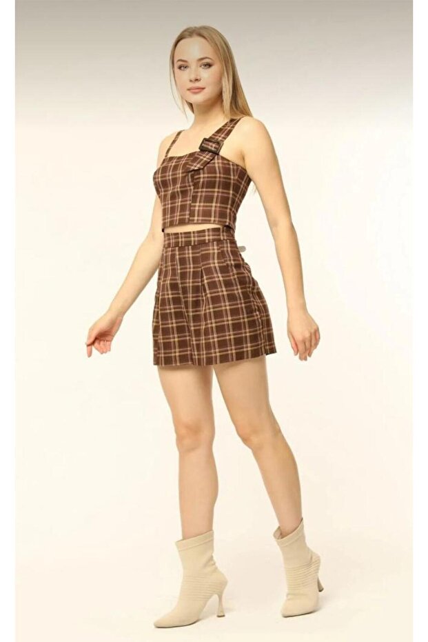 Kahverengi Ekose Pileli Yüksek Bel Şort - 6