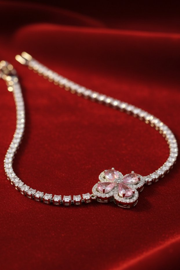 316L Steel Pink Flower Figured Zircon Stone Women's Bracelet – Shiny, Elegant, and Giftable Jewelry