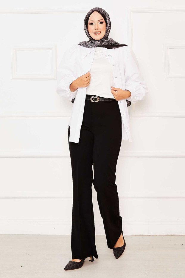 Black elastic waist flared pants