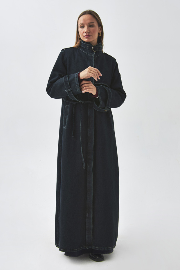 Apolet Detaylı Denim Trençkot Koyu Mavi - 6