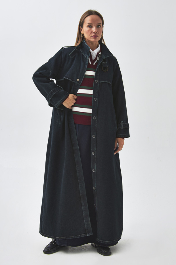 Apolet Detaylı Denim Trençkot Koyu Mavi - 1