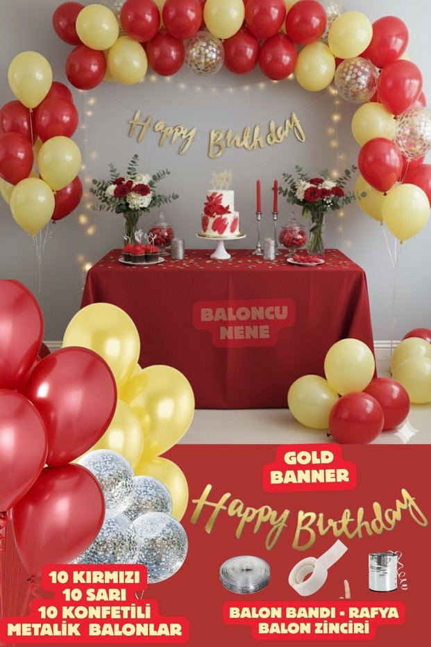 30 Pieces Yellow and Red Balloons with Happy Birthday Text and Silver Confetti Party Concept Birthday Decoration