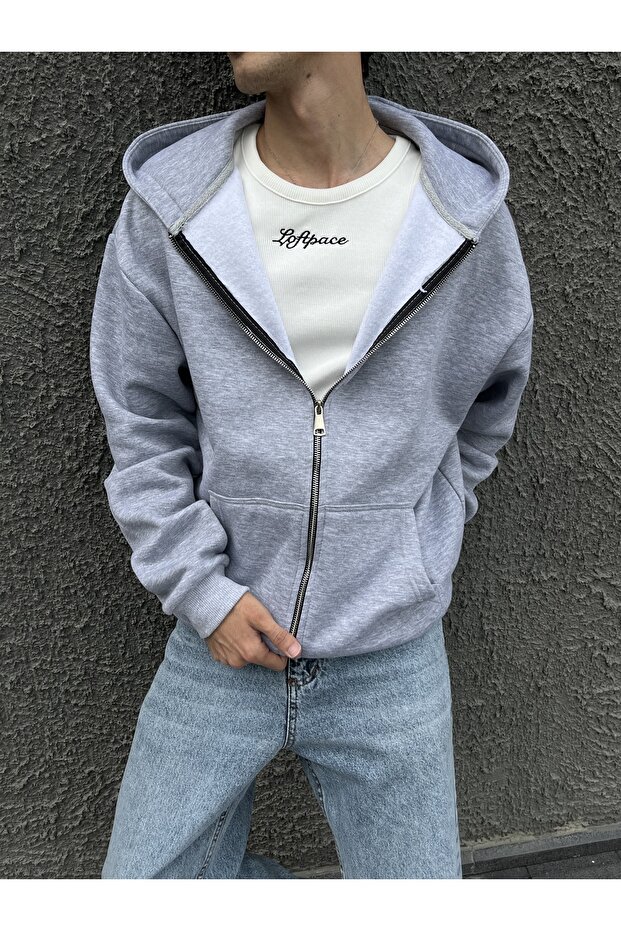 Gri Oversize Zip Hoodie - 3