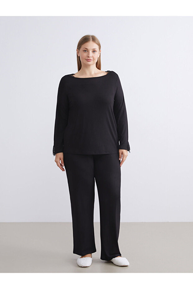 Two Mt Shop Quality Lcw Dream Black Plain Long Sleeve Women's Pajama Set