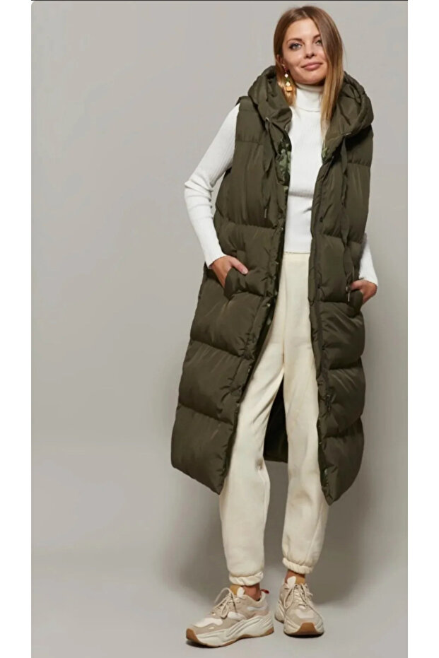 Women's Hooded Pocket Long down Vest Df8000