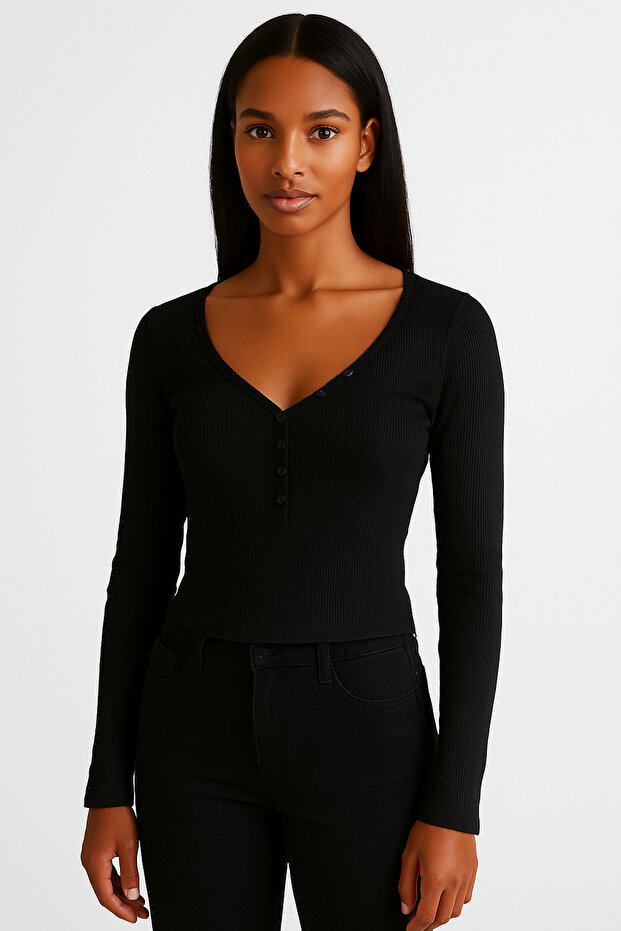 Siyah Önden Düğmeli Sweatshirt - 1