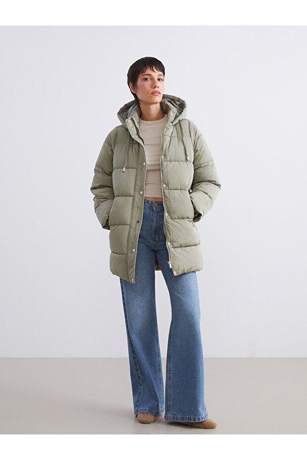 Khaki Hooded Women's Puffer Coat