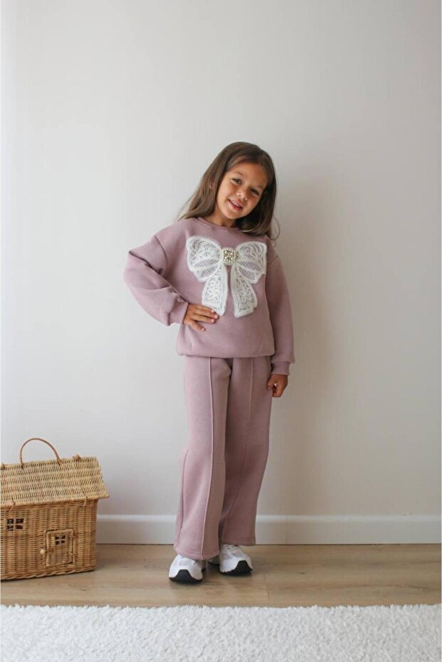 Ribbon Printed Ribbed Girls' Double Tracksuit Set