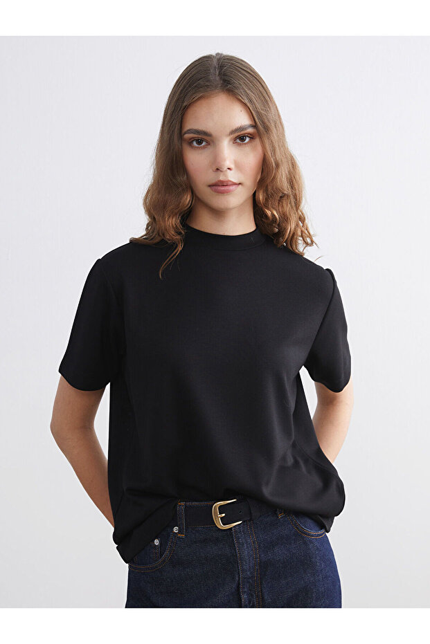 Two Mt Shop Quality Lcw Modest Black Interlock Plain Loose & Baggy Short Sleeve Women's T-Shirt