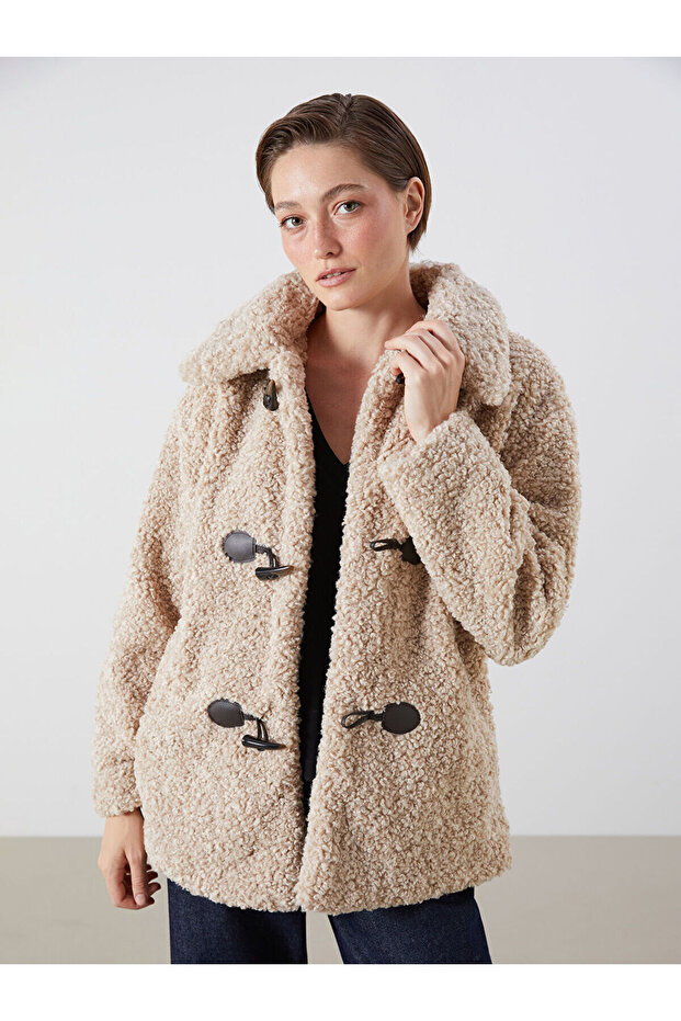 Beige Shirt Collar Women's Plush Coat