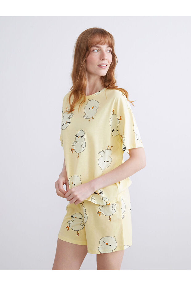 Two Mt Shop Quality Lcw Young Yellow Combed Cotton Printed Short Sleeve Women's Shorts Pajama Set