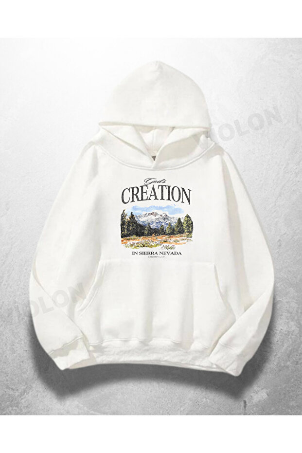 White Unisex Creation Printed Oversize Hoodie Sweatshirt