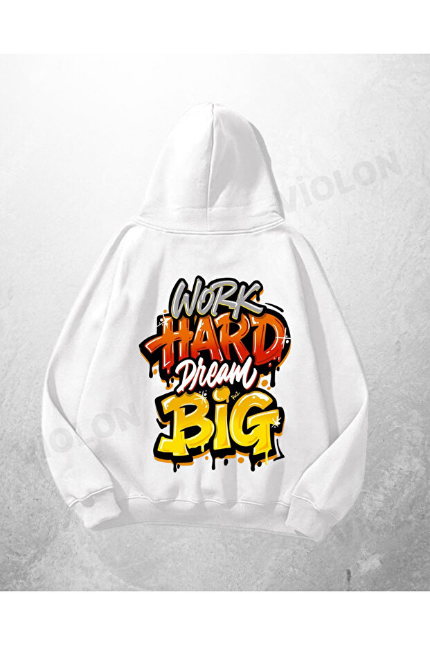 سويت شيرت بقلنسوة كبير الحجم مطبوع عليه White Unisex Work Hard Dream Big