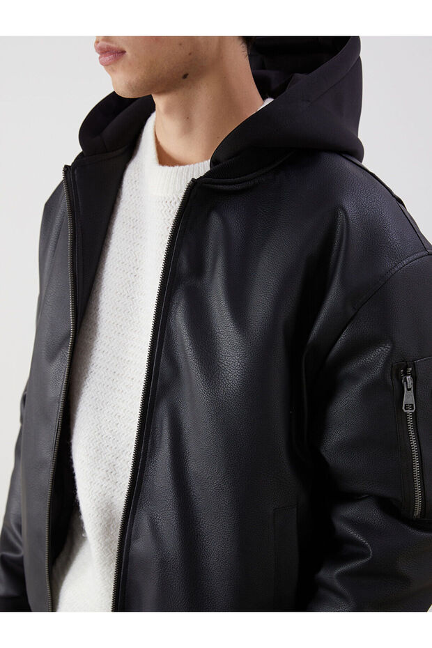 Black Standard Mold Hooded Men's Leather Look Coat - 3