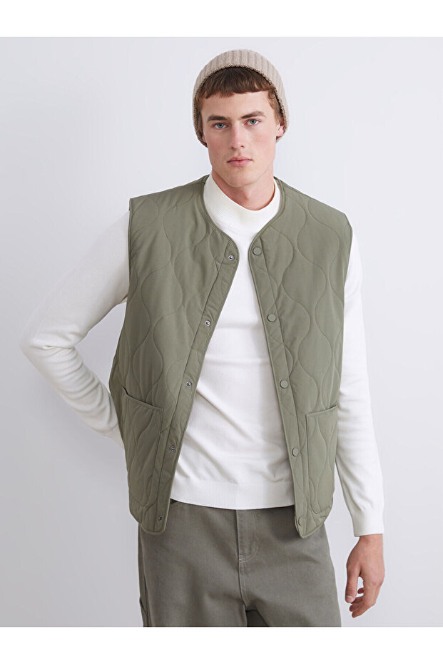 Xside Khaki Standard Fit V-Neck Men's Puffer Vest
