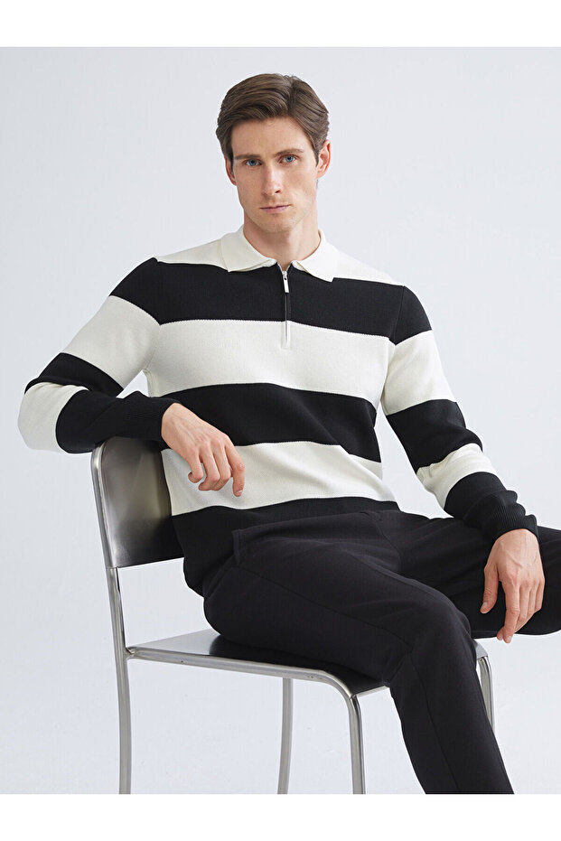 Polo Neck Striped Men's Knitwear Sweater