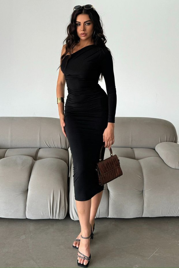 Women's One Shoulder Gathered Slit Detail Long Sleeve Satin Black Evening Dress Evening Gown Mdm1002
