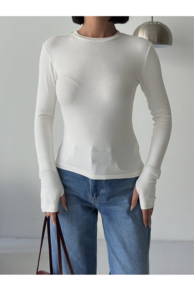 Women's Ecru Soft Touch Crew Neck Finger Detail Blouse