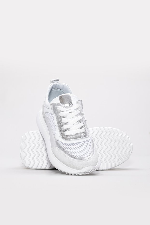 White Silver Inside and Outside Genuine Leather Lace-Up Lightweight Sole Women's Sports Shoes Tg09136261944