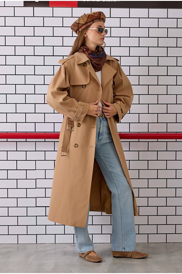 Çift Kemerli Trençkot Camel - 5