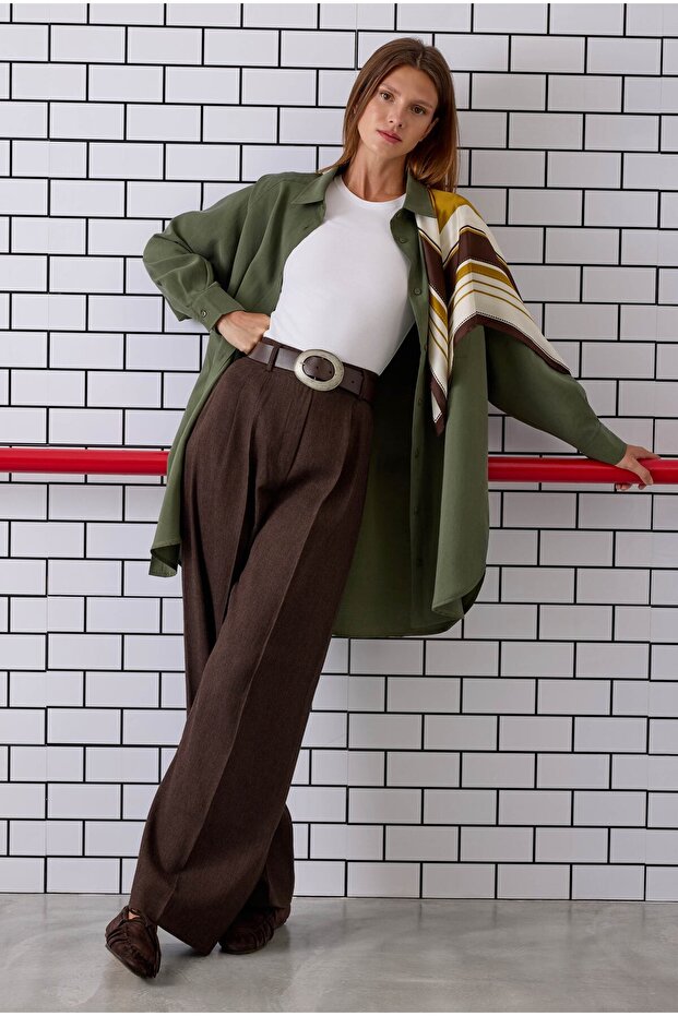 Pile Detailed Palazzo Trousers Bitter Brown