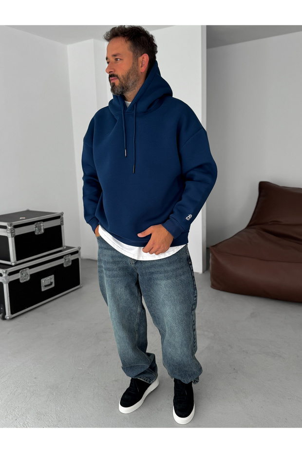 Lacivert BB Nakışlı Kapüşonlu Oversize Sweatshirt BY - 6