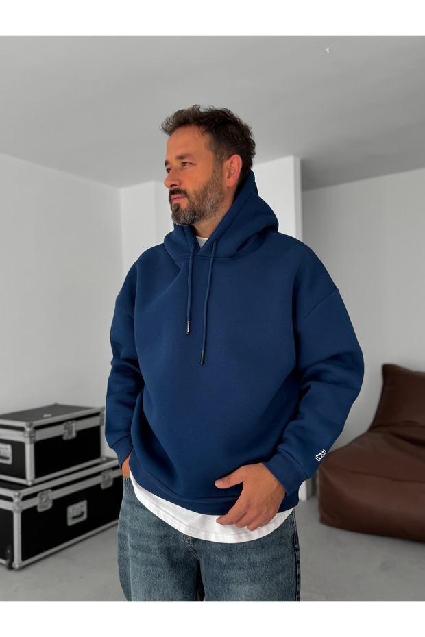 Lacivert BB Nakışlı Kapüşonlu Oversize Sweatshirt BY - 4