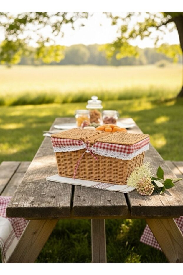 Hasır 700803 Rectangular Picnic Basket Picnic Basket with Lid and Cloth - 1