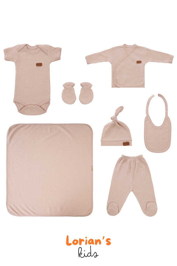 Newborn Honeycomb Textured 7-Piece Blanket and Bodysuit Set 100% Cotton Hospital Release - Powder