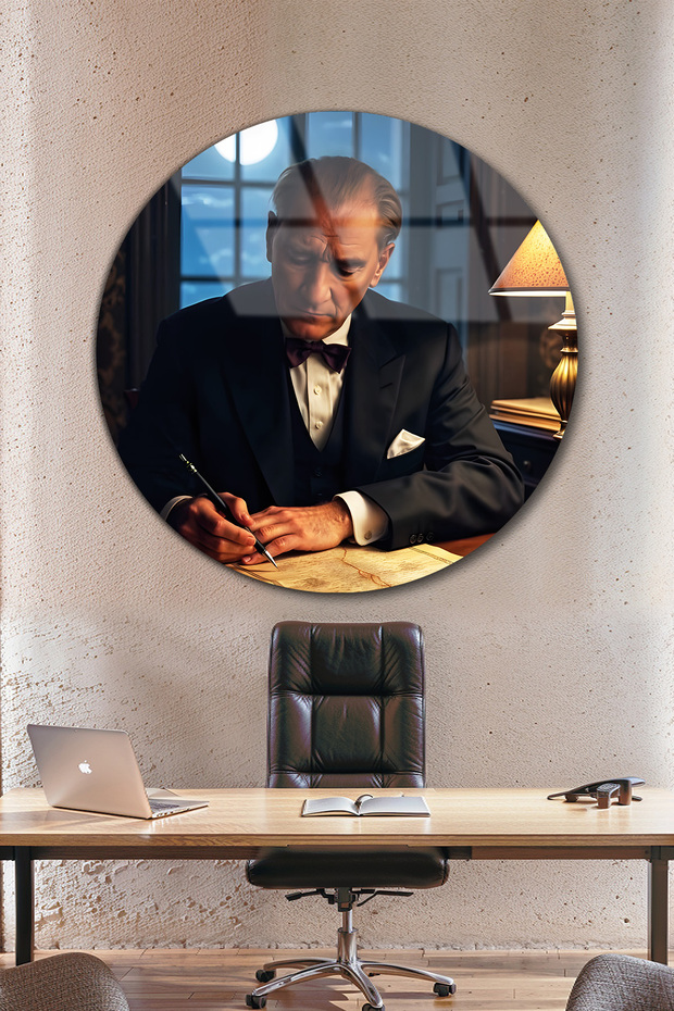 Atatürk Portre Ev İş Kurumsal Hediyelik Yuvarlak Cam Tablo - 1