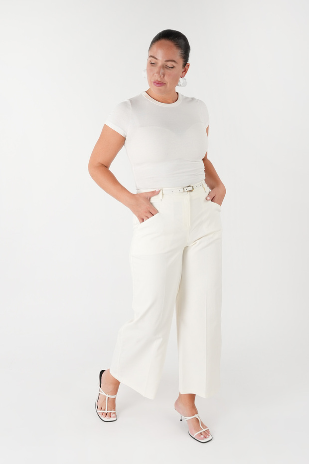 Cotton Crop Pants with Elastic Waist and Wide Legs