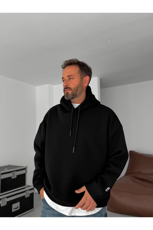 Siyah BB Nakışlı Kapüşonlu Oversize Sweatshirt BY - 4