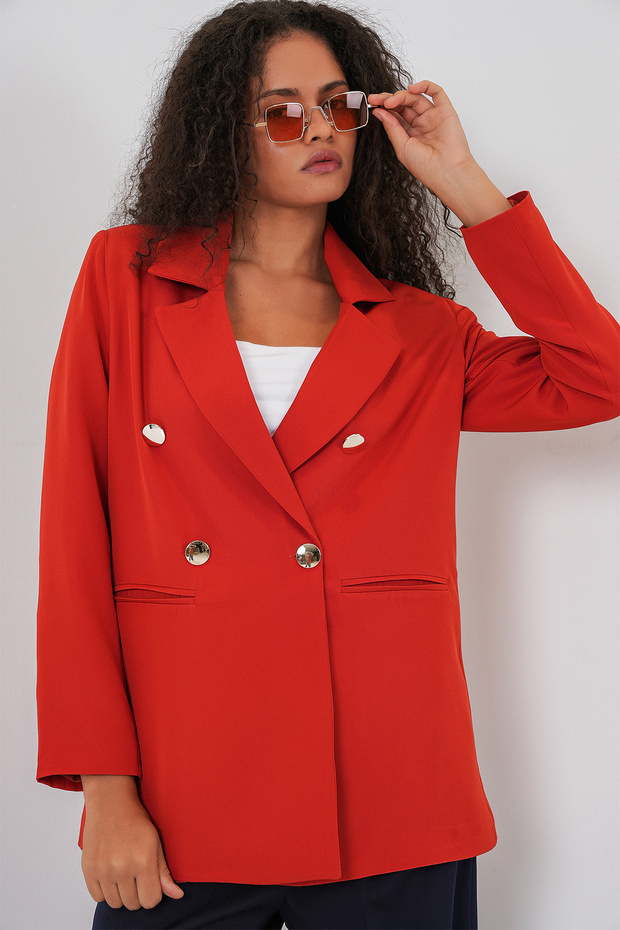 Kadın Kruvaze Yaka Blazer Ceket 0722 - Kiremit - 3