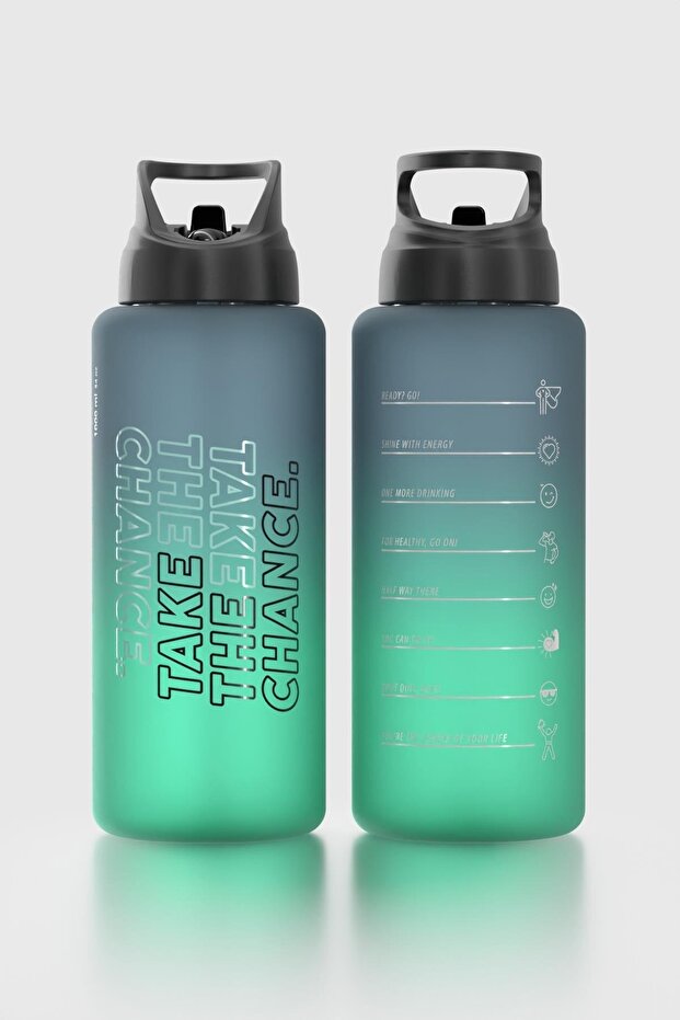 Moly Double Color Text Patterned 1000 ml Matte Tritan Flask with Straw 912117 Black-Petrol - 2