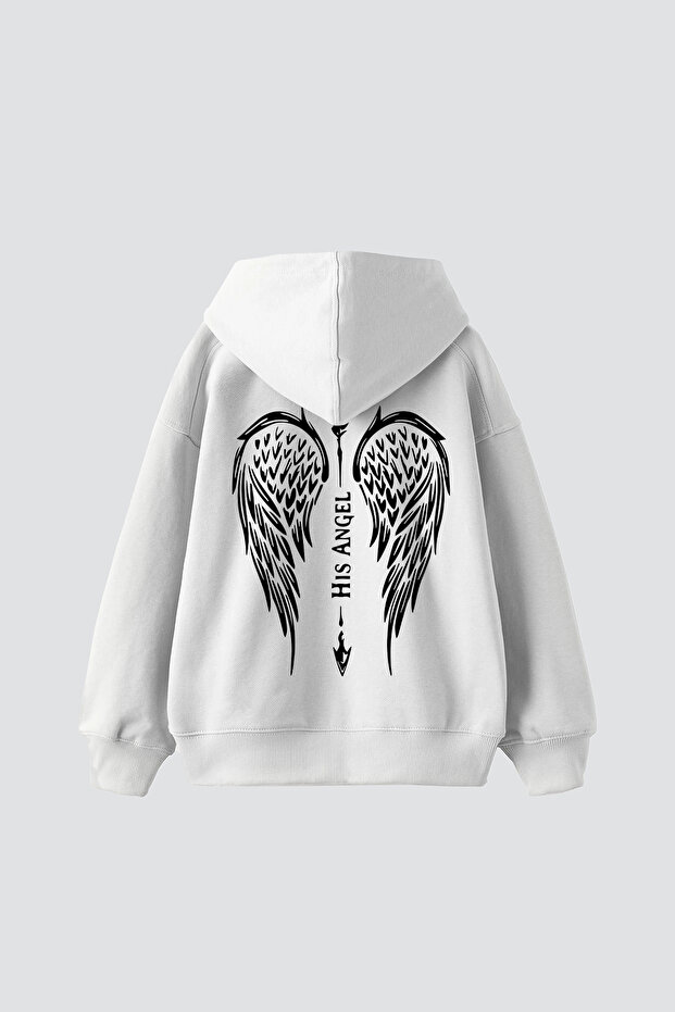 His Angel Printed Oversize Unisex White Hoodie
