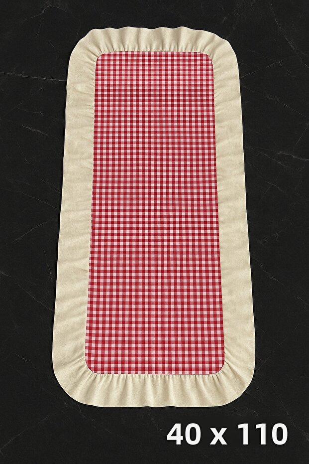 Gingham Zefir Fabric Ruffle Detailed Runner 40X110 cm Red - White