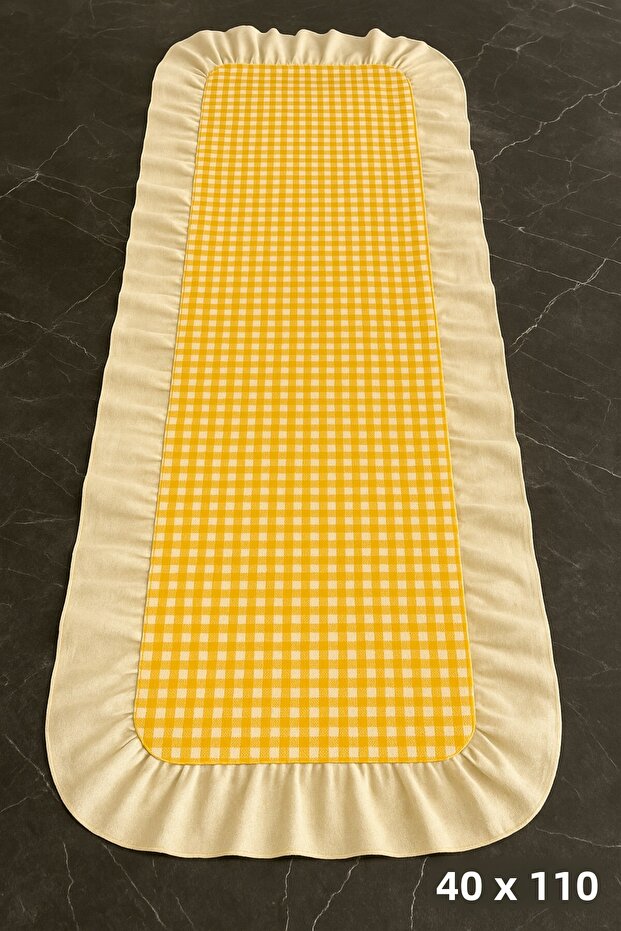 Gingham zephyr fabric ruffle detailed runner 40x110 cm yellow-white