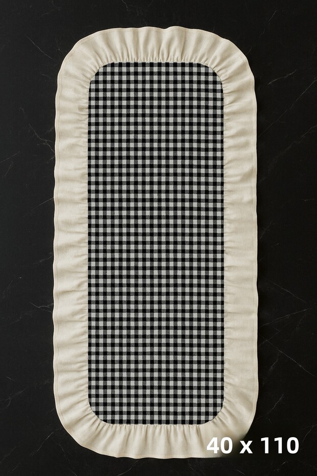 Gingham Zefir Fabric Ruffle Detailed Runner 40X110 cm Black-White