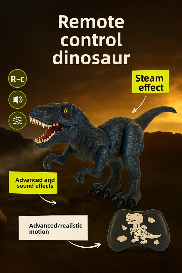 Blue Remote Control T-Rex Dinosaur – Toy with Steam, Light and Sound Effects