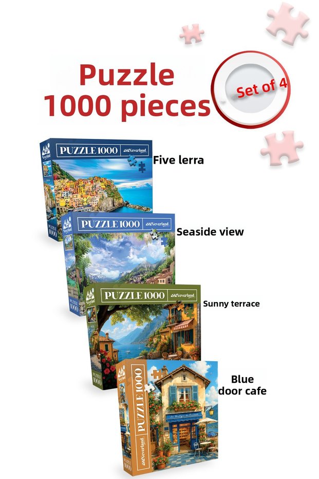 4 Pcs 1000 Piece Puzzle - Cinque Terre and Coastal Landscape and Blue Door-Opening Cafe and Sunny Terrace