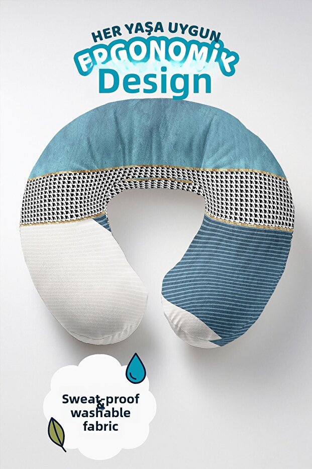 Modern Geometric Cotton Neck Pillow - Stylish Striped Blue Gray Travel Pillow