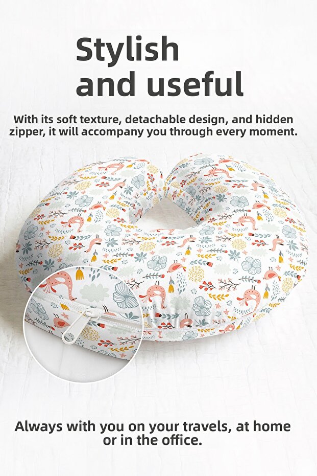 Bird Patterned Cotton Neck Pillow - Pastel Floral Yellow Gray Travel Pillow