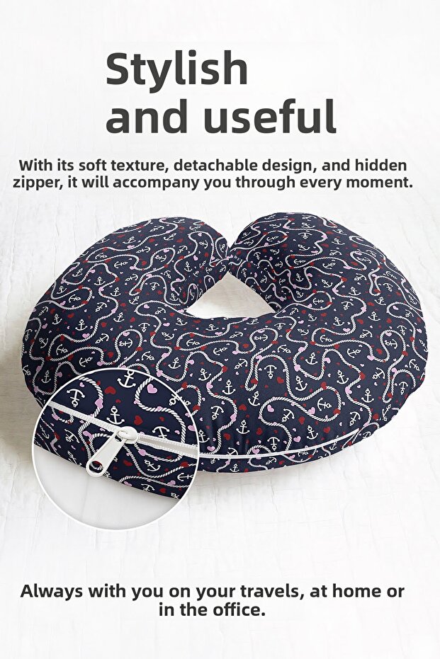 Ergonomic Neck Pillow with Sailor Anchor Pattern - Marine Themed Navy Blue Red Travel Pillow