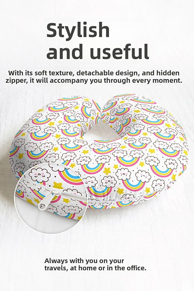 Colorful Rainbow Cloudy Neck Pillow - Cheerful Kids & Adults Yellow White Travel Pillow