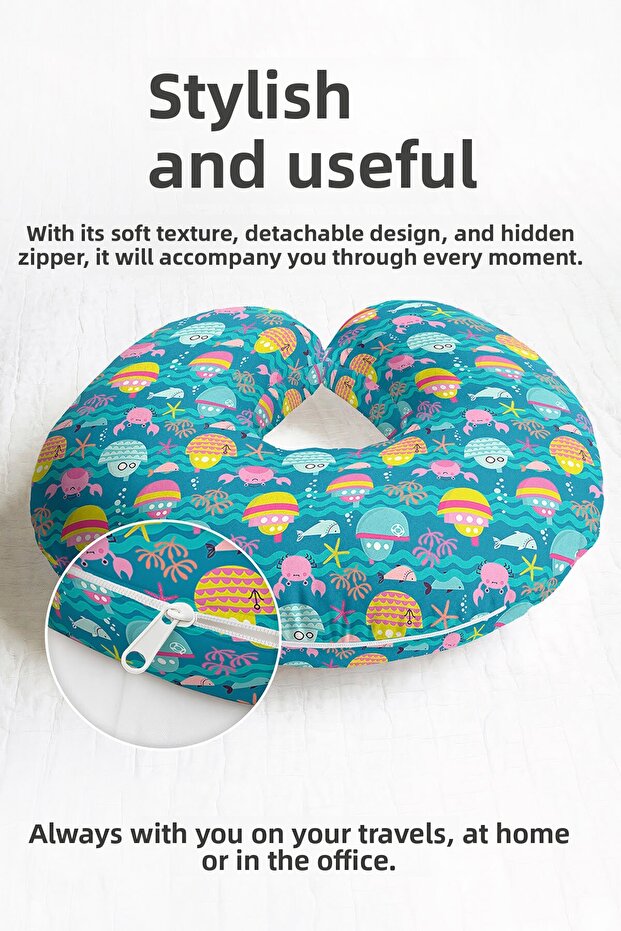 Sea-Themed Ergonomic Neck Pillow for Children & Adults - Cute Blue Coral Pattern Travel Pillow